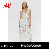 H&M女装裙子2024夏季褶边中长连衣裙1231241 白色/花卉 165/96 M