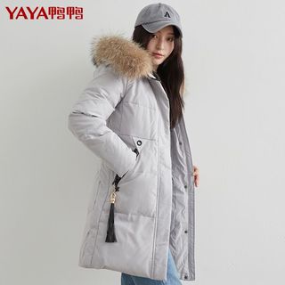 鸭鸭2021年冬季新款羽绒服女中长款时尚貉子毛领韩版气质修身外套