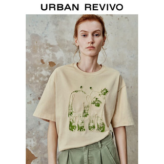 URBAN REVIVO 女士时尚休闲撞色印花圆领短袖T恤 UWH440081 粉卡其 S