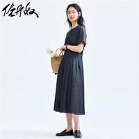 佐丹奴裙子女重工纯棉仿牛仔复古风腰带圆领连衣裙女18464215 38牛仔蓝 M