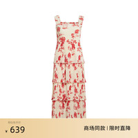 欧时力度假风吊带连衣裙24新春夏方领荷叶边印花法式 杏底红 M