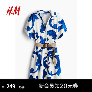 H&M女装2024夏季连衣裙棉质优雅气质V领短袖衬衫短裙1233426 白色/蓝色图案 165/96