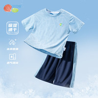 贝贝怡男童套装短袖夏季2024T恤短裤儿童夏装潮帅气时髦男孩衣服 天蓝 150cm