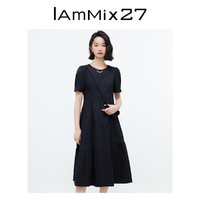 Iammix27 夏季圆领连衣裙女高腰显瘦复古泡泡袖简约百搭全棉中长裙