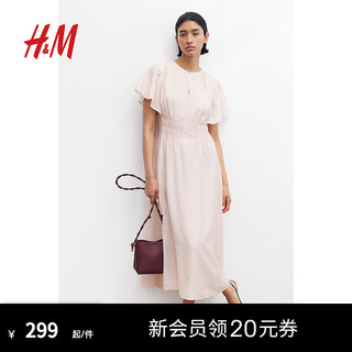 H&M女装连衣裙2024夏季休闲风圆领短袖腰部缩褶长裙1237994 浅粉色 155/80 XS