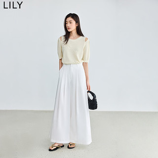 LILY2024夏季设计感露肩重工立体花卉短袖纯色针织衫女小上衣 604米白 M