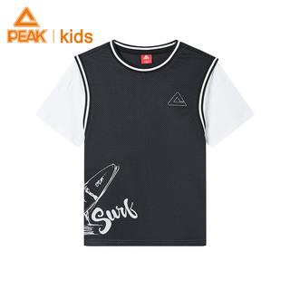 匹克童装2024夏季儿童运动T恤透气速干篮球服大童假两件上衣 黑色 120cm