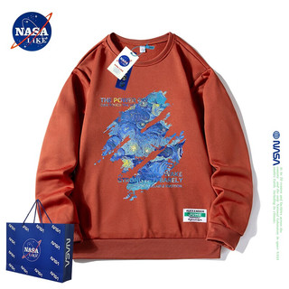 NASA LIKE 潮牌卫衣男春秋季潮流印花圆领长袖t恤男士落肩袖加绒打底衫 蓝色 4XL（155-180斤）