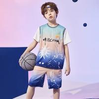 ASK junior 童装篮球服男童运动速干套装夏儿童国风渐变短袖+短裤两件套