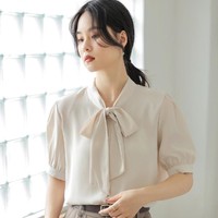 短袖女夏上衣英伦风蝴蝶结衬衫女衣服2024年款夏季西装衬衣