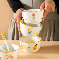 松发 瓷器日式碗卡通可爱情侣2碗2勺组合装家用饭碗面碗汤勺餐具 郁金香粉