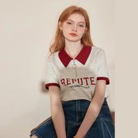 polo领半拉链短袖t恤女2024年夏季字母印花短款上衣