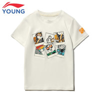 李宁 LI-NING儿童短袖夏季男童卡通印花纯棉面料柔软爽滑文化衫 乳白色 100
