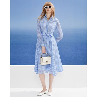 唐可娜儿（DKNY）2024春夏女链条满印印花腰部系带A字衬衫连衣裙女装 蓝色 S(155/80A)