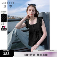 三彩2024夏季复古方领飞飞袖衬衫短款宽松娃娃衫遮肉显瘦女 经典黑 170/92A/XL