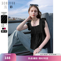 三彩2024夏季复古方领飞飞袖衬衫短款宽松娃娃衫遮肉显瘦女 经典黑 155/80A/S