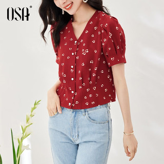 欧莎（OSA）【潮流少女】短款衬衫灯笼袖v领上衣女士夏季小个子衬衣 红色 XS