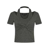 URBAN REVIVO 女士时髦假两件解构扭结挂脖短袖T恤 UWM440012 深灰花灰 L