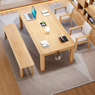 花王实木双人大长书桌学习桌客厅工作台电脑桌 3000#1.6米桌椅套装 原木色
