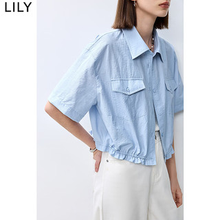 LILY2024夏季微皱肌理感抽绳收腰工装风宽松短款箱型夏日衬衫 404浅蓝 XL