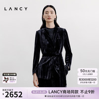 朗姿/LANCY【流光盛宴】2024秋季高端丝绒系带西装外套翻领西服女 月夜深蓝色 S