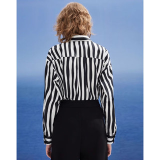 唐可娜儿（DKNY）2024春夏女波浪竖条纹印花刺绣LOGO长袖衬衫女装 黑拼色 XL(170/92A)