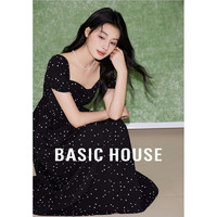 百家好（Basic House）波点短袖连衣裙法式复古设计感中长款高腰裙子B0624B5T622 黑色 M