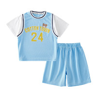 棉花堂 男童夏季短袖套装儿童运动套装短袖短裤两件套童装女童T恤   车菊蓝 130/64