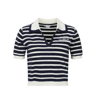 URBAN REVIVO 女士气质撞色字母条纹短袖针织衫 UWU940190 墨蓝条纹 XL