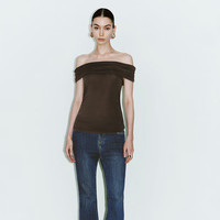 URBAN REVIVO 女士小众魅力氛围感褶皱一字肩T恤 UWG440129 深咖棕 L