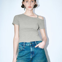 URBAN REVIVO 女士时髦不对称设计感斜肩领双吊带T恤 UWJ440052 花灰 L