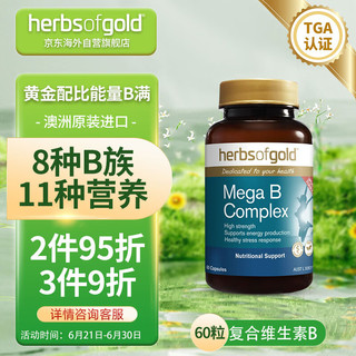 HerbsofGold 和丽康 复合维生素b族片 含叶酸胆碱肌醇烟酰胺维生素b1 b2 b3 b5 b6 b7 b9  b12 澳洲进口 60粒/瓶