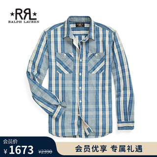 RRL男装 24年夏靛蓝色格纹工作衬衫RL93465 410-靛蓝色/奶油色 M