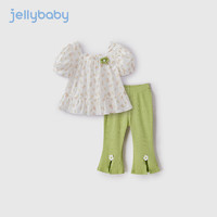 JELLYBABY女童套装夏季儿童短袖长裤两件套2024甜美宽松洋气女宝宝夏装 嫩绿 120CM