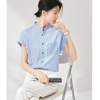 ESE-Y 逸阳 2024夏季时尚气质衬衣宽松拼色条纹显瘦口袋立领短袖衬衫女