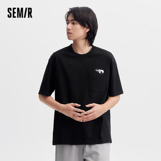 森马（Semir）观园吉联名短袖t恤男24夏季熊猫图案刺绣宽松短袖109324100135 L 黑色90001