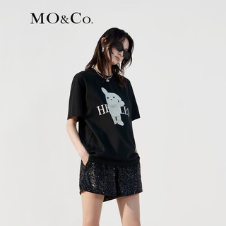 MO&Co.【抗菌防螨】免子印花圆领短袖宽松纯棉T恤上衣上装 黑色-第1批 XL/175