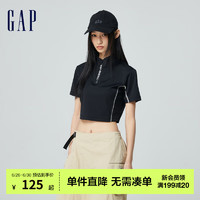 Gap女装2024夏季弹力半拉链logo小立领短款短袖T恤上衣876152 黑色 155/76A(XS) 亚洲尺码