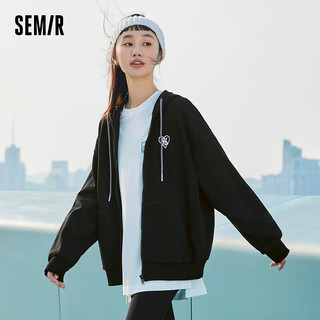 森马（Semir）外套女连帽刺绣上衣宽松落肩慵懒简约风春季女士休闲夹克百搭 黑色90001 155/80A/S