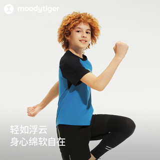 moodytiger男童短袖T恤夏季圆领印花拼接透气吸汗户外儿童运动上衣 云朵白 170cm