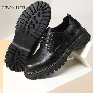 千百度（C.BANNER）皮鞋男英伦德比鞋厚底大码男鞋宽脚商务正装鞋 黑色 41