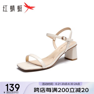 红蜻蜓 一字带女凉鞋2023夏款粗高跟通勤女鞋 WFK23025米白色37