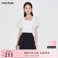 5+FIVE PLUS新款女夏装法式复古方领针织衫女拼接泡泡袖套头衫