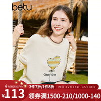 百图betu女装卫衣圆领落肩绣花图案宽松卫衣女2308T22 杏色 L