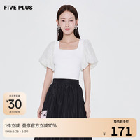 5+FIVE PLUS女夏装法式复古方领针织衫女拼接泡泡袖套头衫 米白010 M