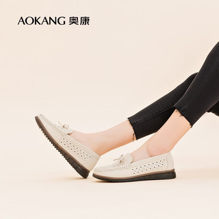 奥康（Aokang）女鞋 2024春季简约舒适乐福鞋蝴蝶结软底一脚蹬鞋 米色(镂空)1234321031 40