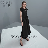 三彩2024夏季纯棉小黑裙设计感V领连衣裙不对称长裙极简风女 乌黑色 155/80A/S