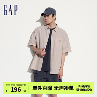 Gap男装2024夏季质感翻领logo口袋短袖衬衫宽松上衣461256 卡其色 185/104A(XXL) 亚洲尺码