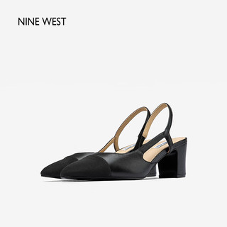 NINE WEST/玖熙复古包头凉鞋女粗跟拼色后空时尚通勤NK208006KK 黑色 38 