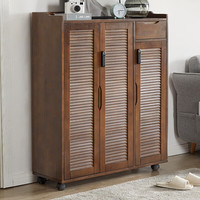 家逸实木带锁鞋柜家用门口可移动带轮门外楼道玄关柜指纹密码锁三门 三门胡桃色⭐智能指纹锁